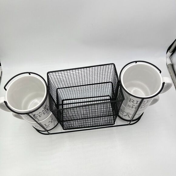 Boston Warehouse Coffee Mug & Black Wire Pod Holder 5 Piece Set 4 Stacking Mugs - Picture 12 of 16